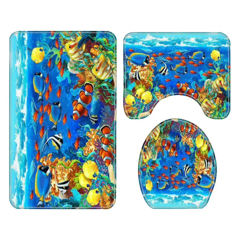 

s.Printed Shower Curtain Floor Mat Bathroom 4-piece Set With Toilet Seat Cushion Ocean Underwater World Fish 3D Digital Style