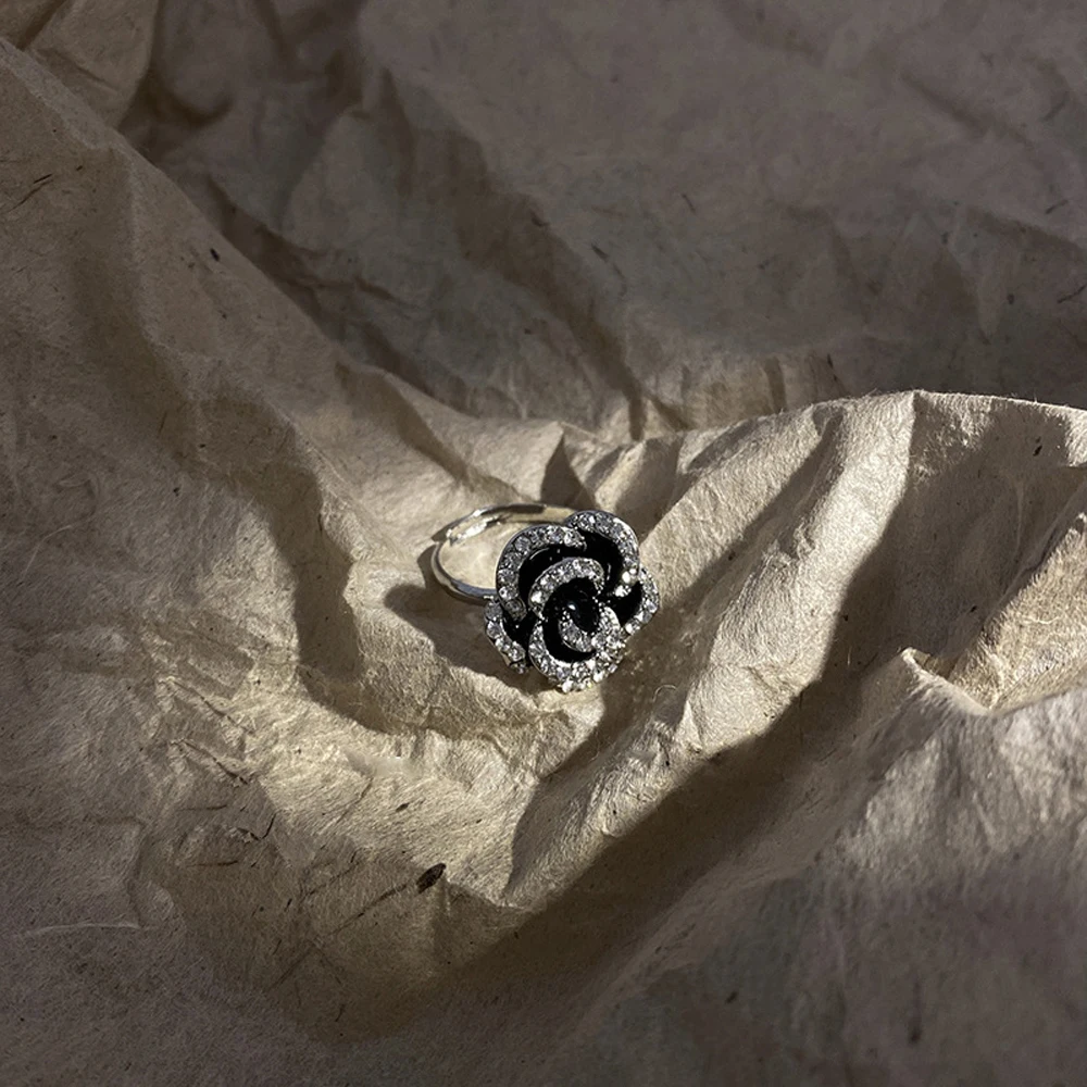 

Black Rose Flower Crystal Rings for Women Rhinestone Female Party Jewelry Enamel Glaze Camellia Index Finger Ring