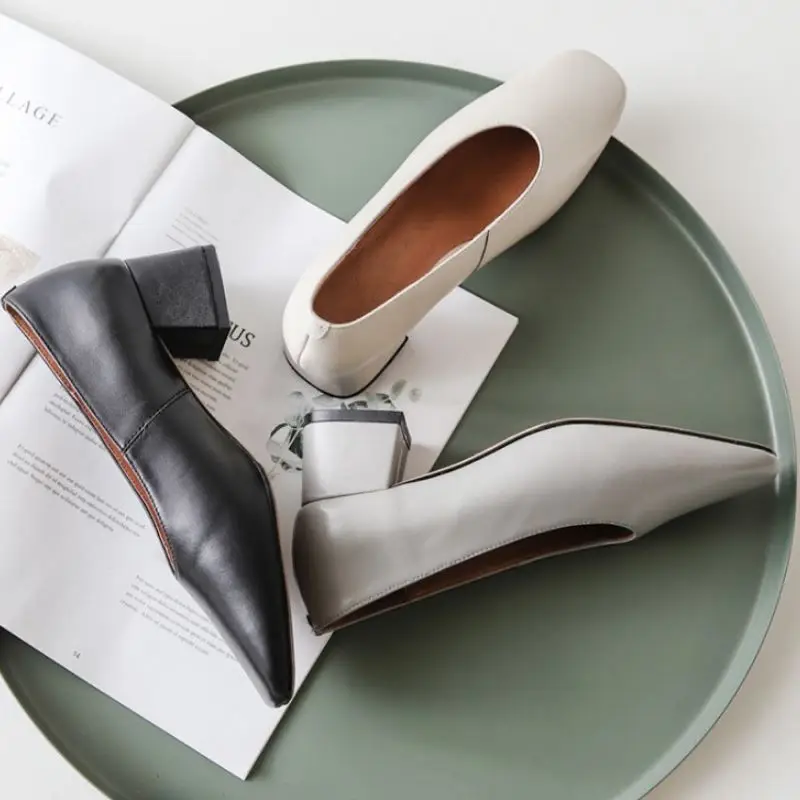 Taoffen Women Real Leather Pumps Chunky Heels Party Office Shoes Woman Slip On Classics Ladies Footwear Size 34-39 | Обувь