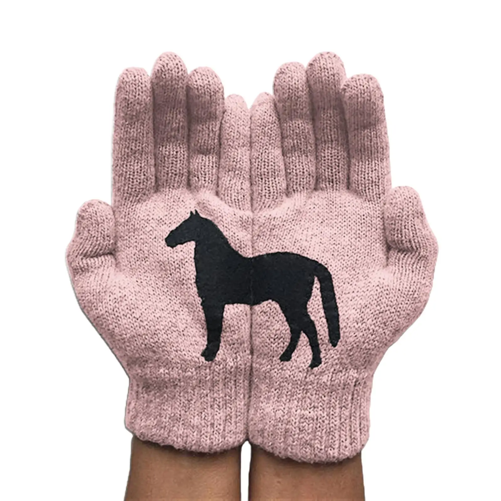 

1 Pair Women Winter Knitted Gloves Thick Wool Cashmere Mitten Woolen Cartoon Horse Pattern Floral Print Outdoor Coldproof Glove
