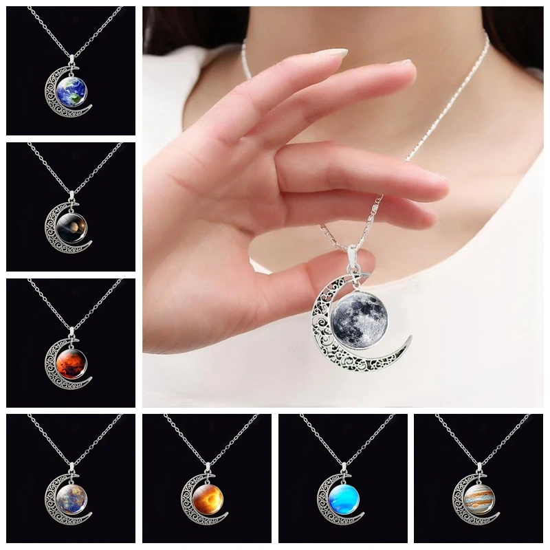 

Solar System Galaxy Planet Nebula Glass Cabochon Pendant Necklace Crescent Moon Jewelry Chain Necklace Friend Best Gifts