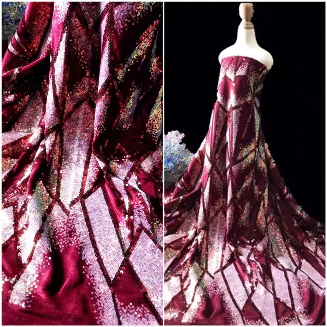 

Geometric Wine Red Sequins Fabric for Women Dress 1 Yard