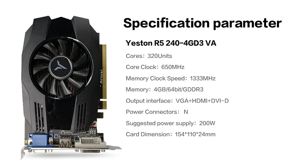 Yeston Radeon R5 240 GPU 4 Гб GDDR3 64 бит игровой Настольный ПК видеокарты Поддержка VGA/DVI-D/HDMI