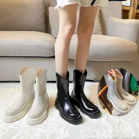 

2021 Martens Boots Women's Autumn and Winter New British Style Platform Muffin Ankle Mid-Calf Boots Chelsea Smoke Pipe Boots