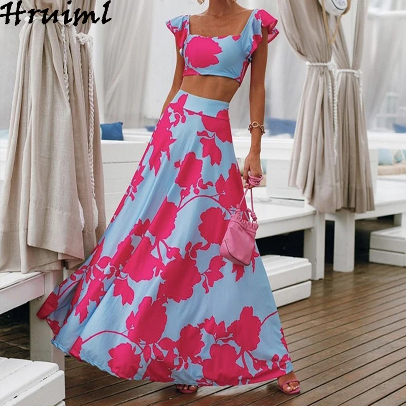 

2 Piece Set Women Crop Top Long Skirt Floral Print Casual Fashion Wholesale Sets Simplee Style Beach Holiday Women's Summer Suit