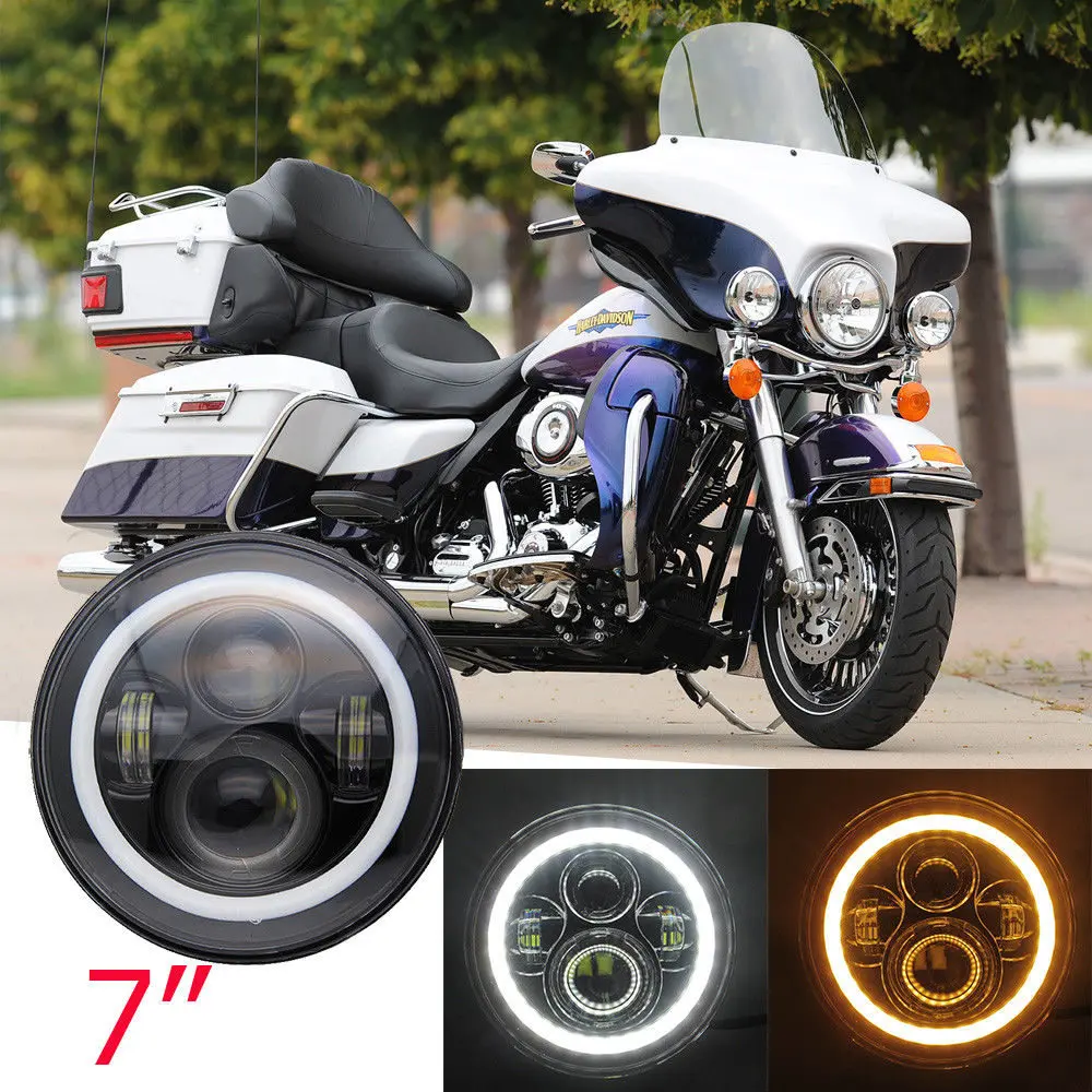 Motorcycle 7 Inch H4 LED Headlight With Angle Eyes 7" Round Headlamp Hi/Lo Beam For Lada 4x4 Urban Niva Suzuki |