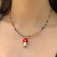 bohemian rainbow color beads mushroom pendant necklaces for women handmade rice bead choker necklace fashion wholesale jewelry