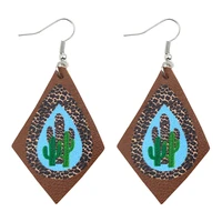 leopard cactus print brown leather kite drop earrings for women 2021 new designer cactus dangle earrings jewelry wholesale