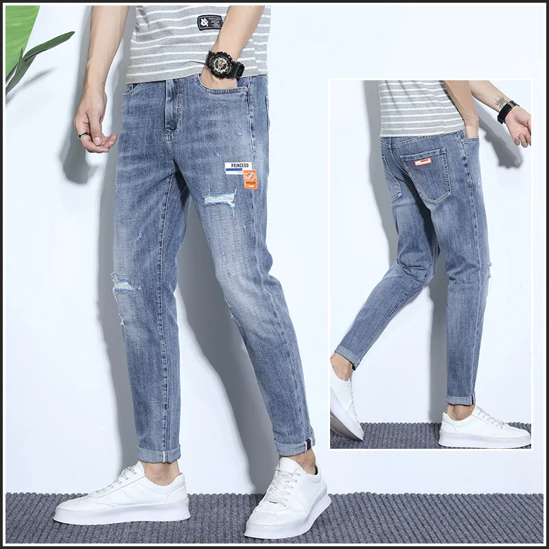 

Ripped denim jeans 2021 summer thin elastic spring street men's students casual pants Slim feet summer trousers