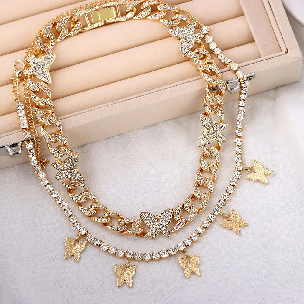 

Hip Hop Bling Cuban Chain Butterfly Necklace For Women Iced Out Rhinestones Paved Miami Curb Cuban Link Luxury Choker Jewelry
