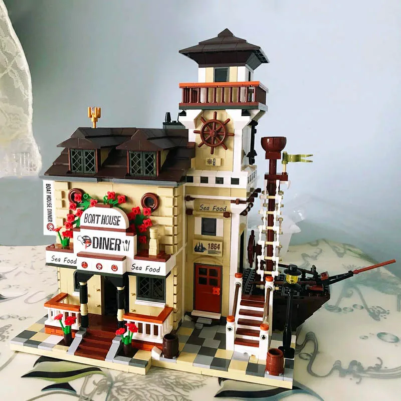 

Ideas Creator Expert Street View Boat Hous Diner Restaurant Fishing Store House Moc Modular Model Building Blocks Bricks Toys