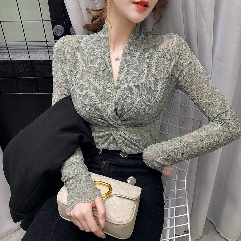 

Lace Transparent Mesh 2020 Spring New Hollow Blouse Shirt Long-Sleeved Sexy Women Blouse V-neck Lace Bottoming Shirt 990B