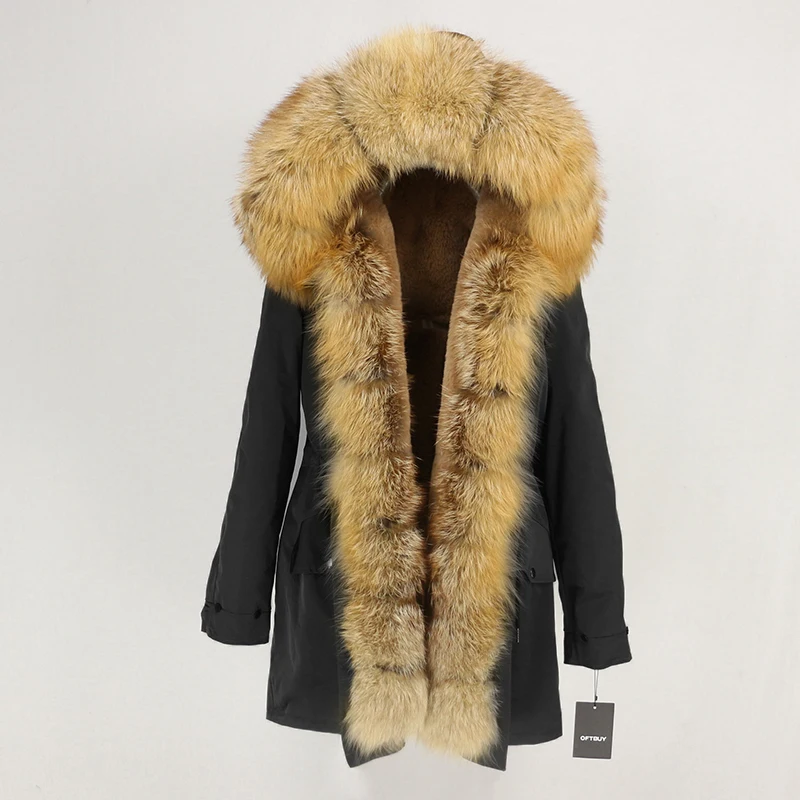 Женское пальто с натуральным мехом OFTBUY, чёрная куртка с воротником из натурального лисьего меха, водонепроницаемая длинная парка, теплая уличная верхняя одежда со съемным мехом для зимы - Цвет: black gold