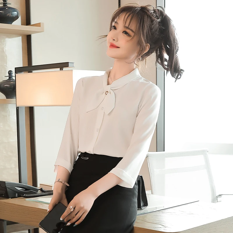 

Women Blouses 2021 New Spring/Summer Three-Quarter Sleeve Solid White Shirt Casual Tops Elegant Ladies Work Wear Plus Size 4XL