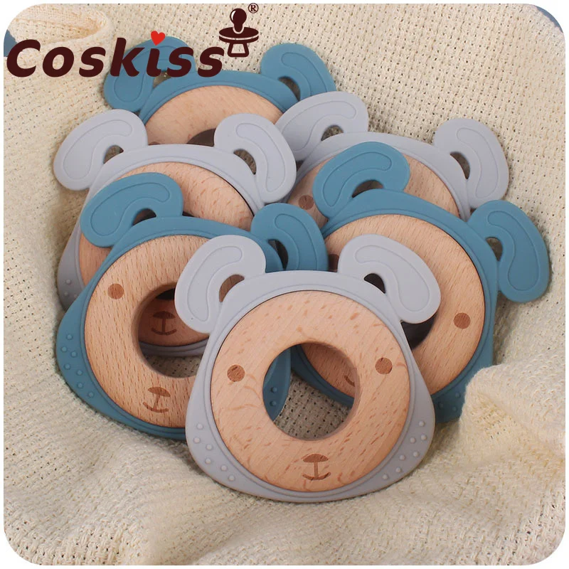 

Coskiss Baby Teething Wooden Rattle Cartoon Beech Wooden Bear Toys Head Chewing Teether Newborn Nursing Toys Shower Gifts