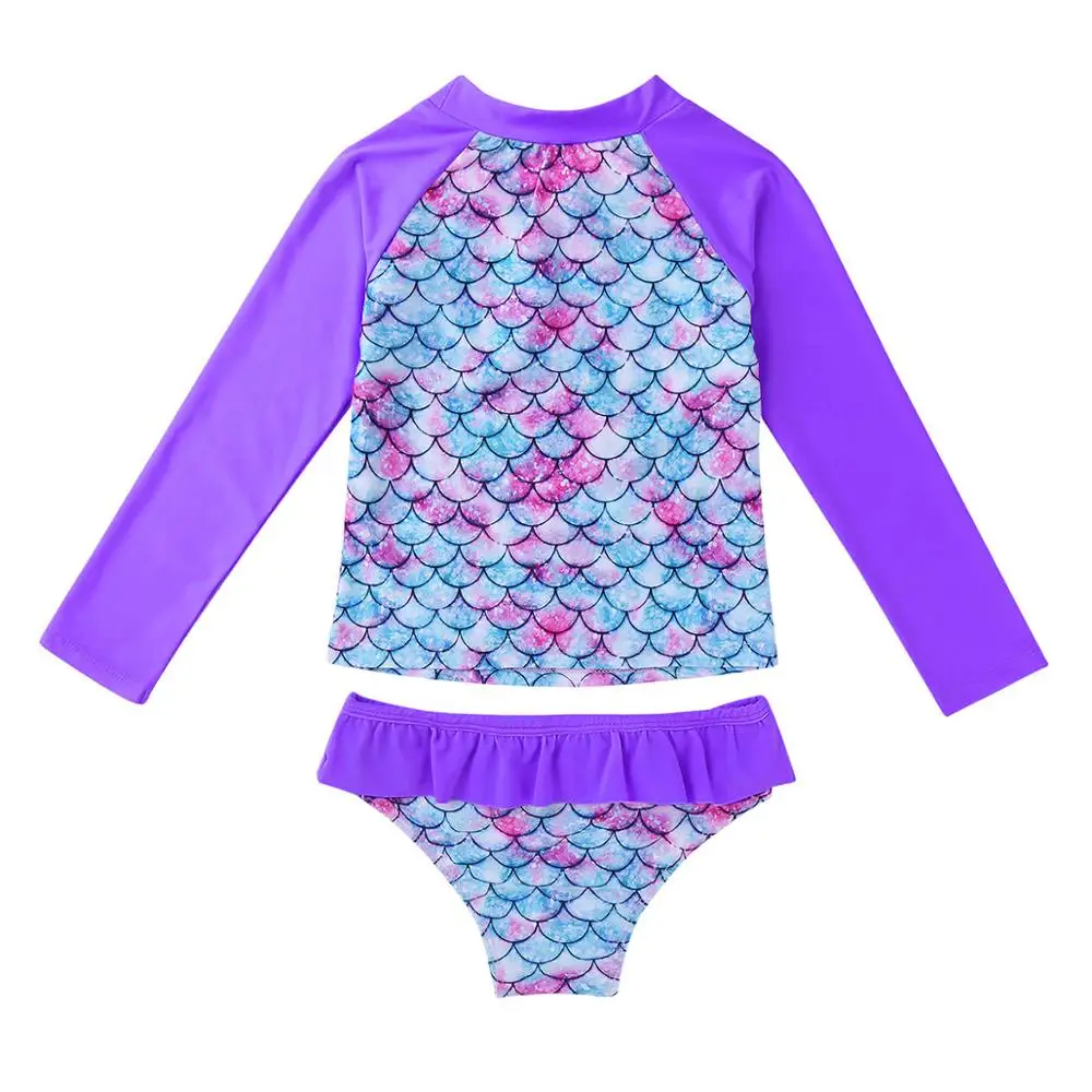 UPF 50+ Children's Swimwear Girls Tankini Swimsuit Long Sleeves Fish Scales Printed Rashguard Tops with Bottoms Kids Swimsuits