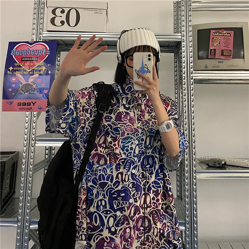 

New Summer Streetwear Hip Hop Women Blouses Hipster Blouse Tops Cartoon Bear Full Print Shirt Y2k Retro Couple Shirts Mujer