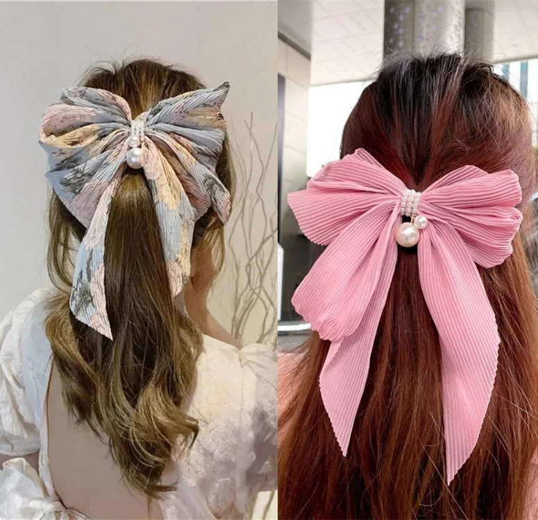 

Print Pearl Big Bow Hair Clips For Women High-end Flower Hair Accessories Rhinestone Hairpins Bows Flower Hairgirps Barrette