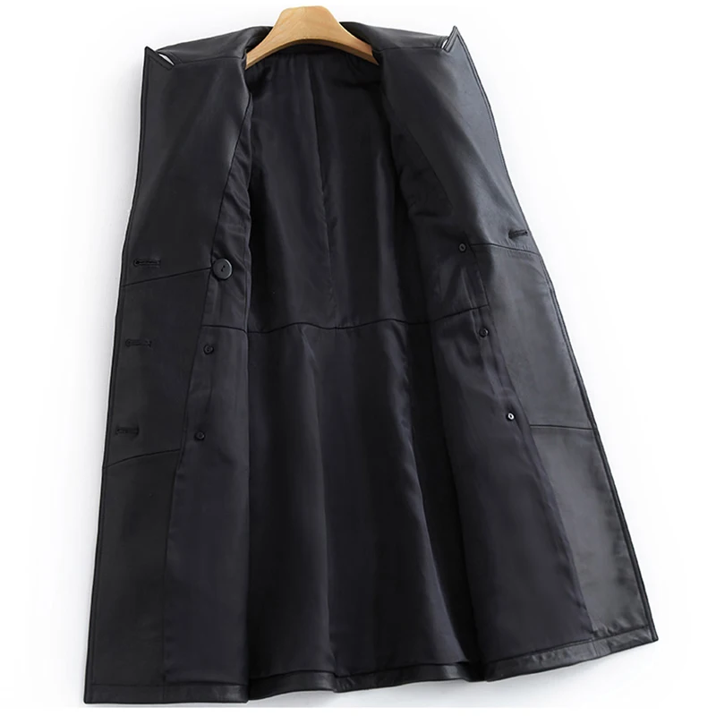 Lautaro Черный плащ из искусственной кожи для женщин с отворотом длинным рукавом