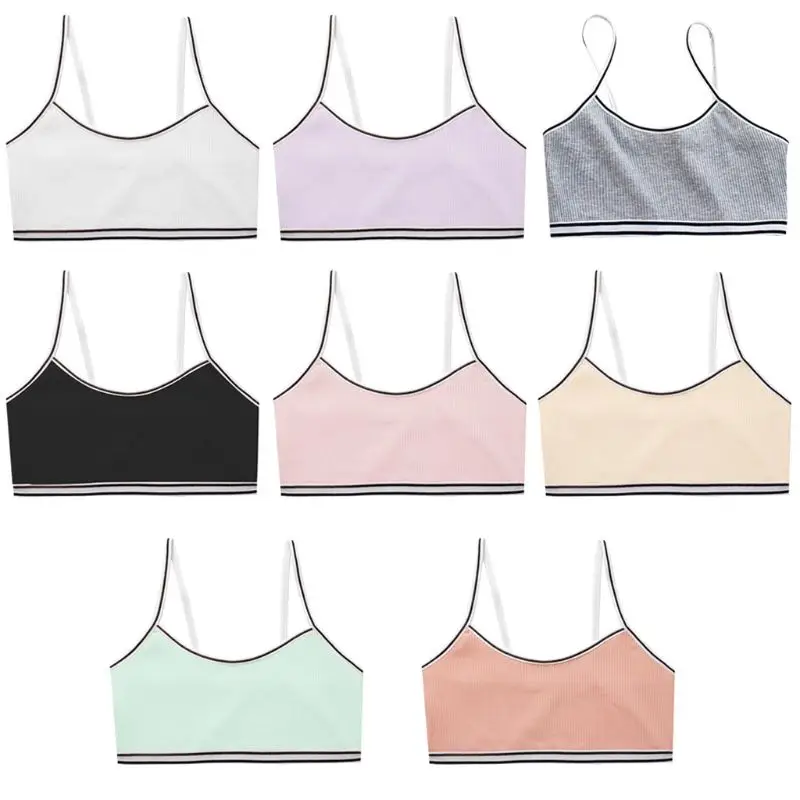 

Teenage Puberty Girl Sweet Candy Color Sport Training Bra Underwear Striped Patchwork Thread Ribbed Wireless Bralette Vest 8-16T