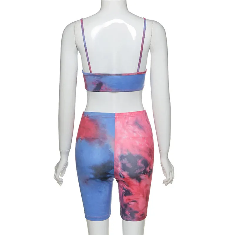 

2020 Women Tie-dye Print Two-pieces Outfits Spaghetti Strap Sleeveless Hollow Sleeveless Crop Tops Knee Length Shorts 2Pcs Suit