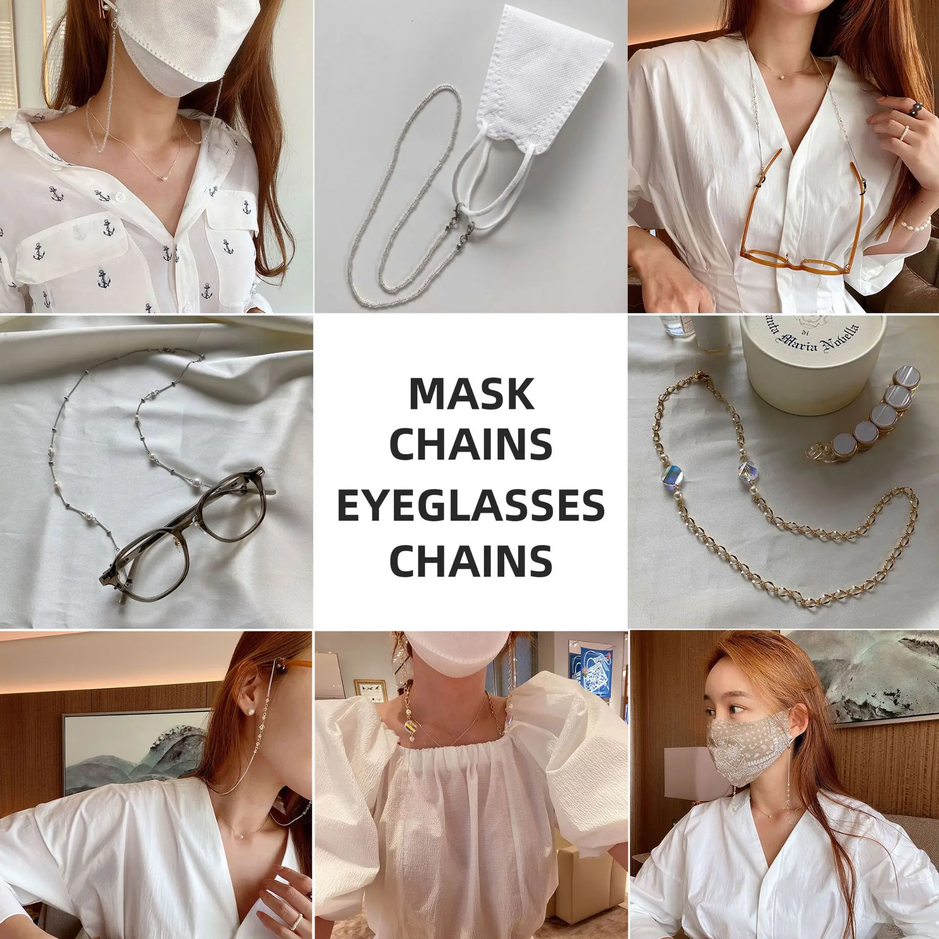 New Korean Vintage Crystal Heart Pendant Necklace Mask Chain Strap Hang on Neck Glasses Holder Rope for Women Girl