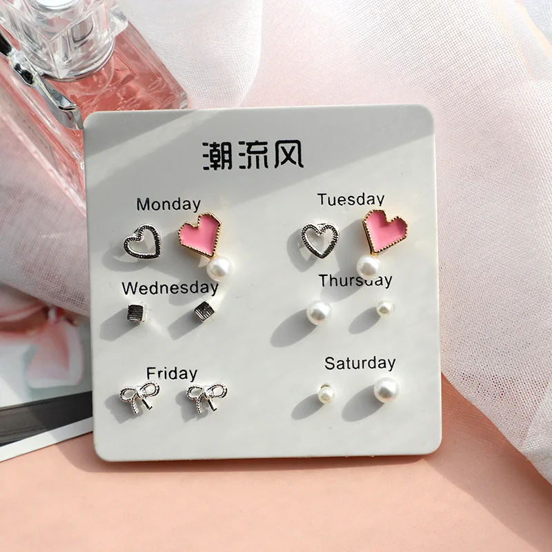 6 Pairs/set, New Earrings for Women Stars Heart Crytal Cute Earrings Fashion Jewelry Monday To Saturday 6 Pairs Earrings - Metal Color: D