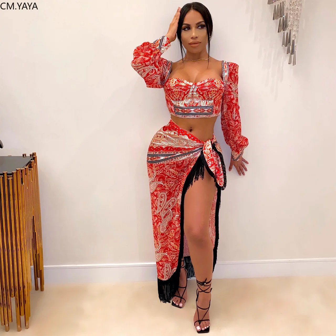 CM.YAYA Women Bandanna Print Long Sleeve Crop Top Irregular Hem Splicing High Split Maxi Skirts Suit Two Piece Set Dress |