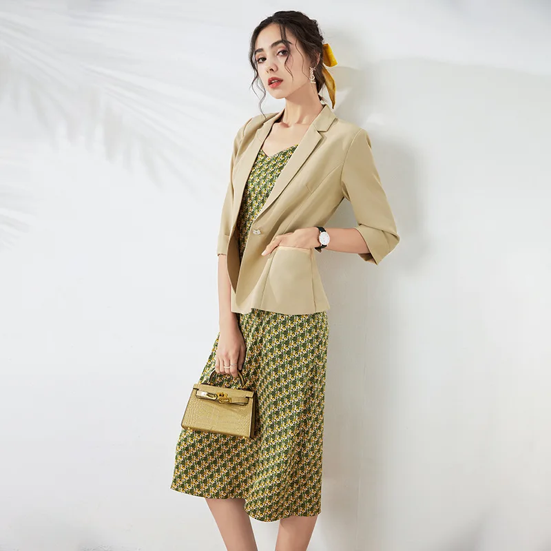 

Khaki Slim Blazer Office Wear Coat Elegant Two Piece Set Women Summer V Neck Lemon Floral Slip Dress Midi Satin Dresses Suits 21