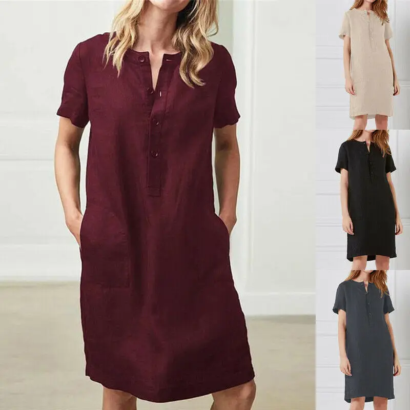 Womens Summer Dress 2019 Casual Party V-Neck Pocket Button Loose Cotton Linen Robe Femme Plus Size | Женская одежда