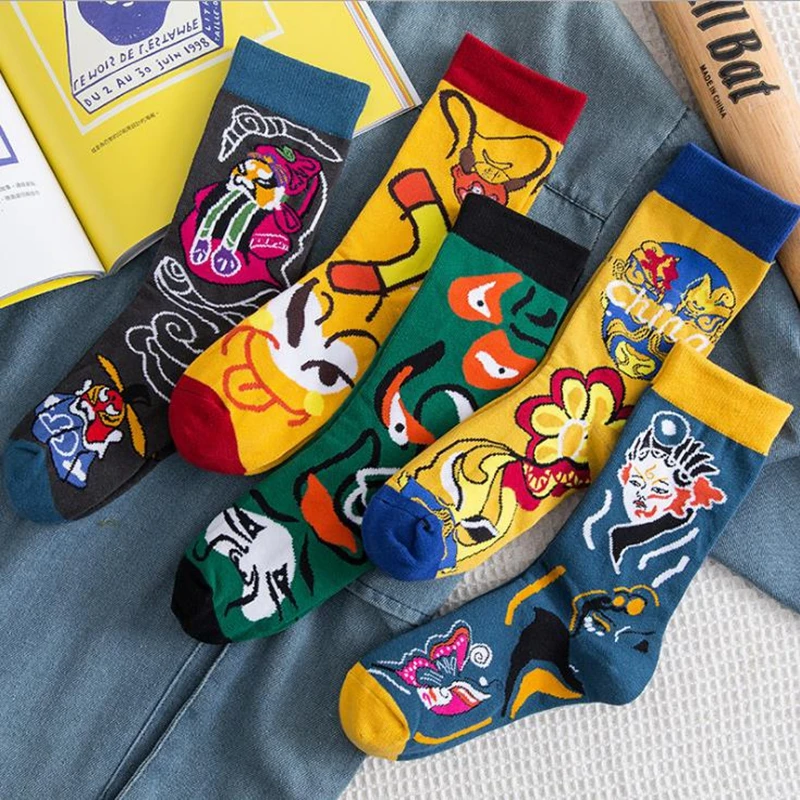 

New Chinese trend Fashion Harajuku Street Hip Hop Socks Unisex Fun Men's Socks Happy Skateboard Peking Opera Face Women's Sock