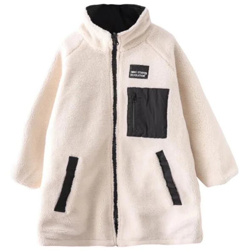 

Girls Autumn Winter Lambwool Long Coat Big Children Kids New Fashion Wearable On Both Sides Zipper Casual Outerwear Jackets