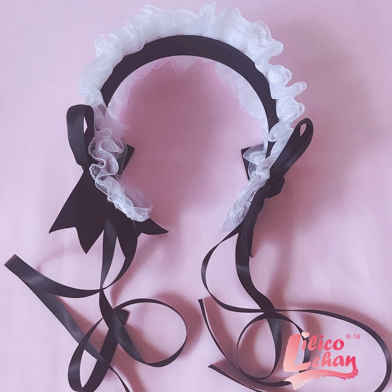 Женский обруч для волос с кружевами черный и большим бантом ручной работы |