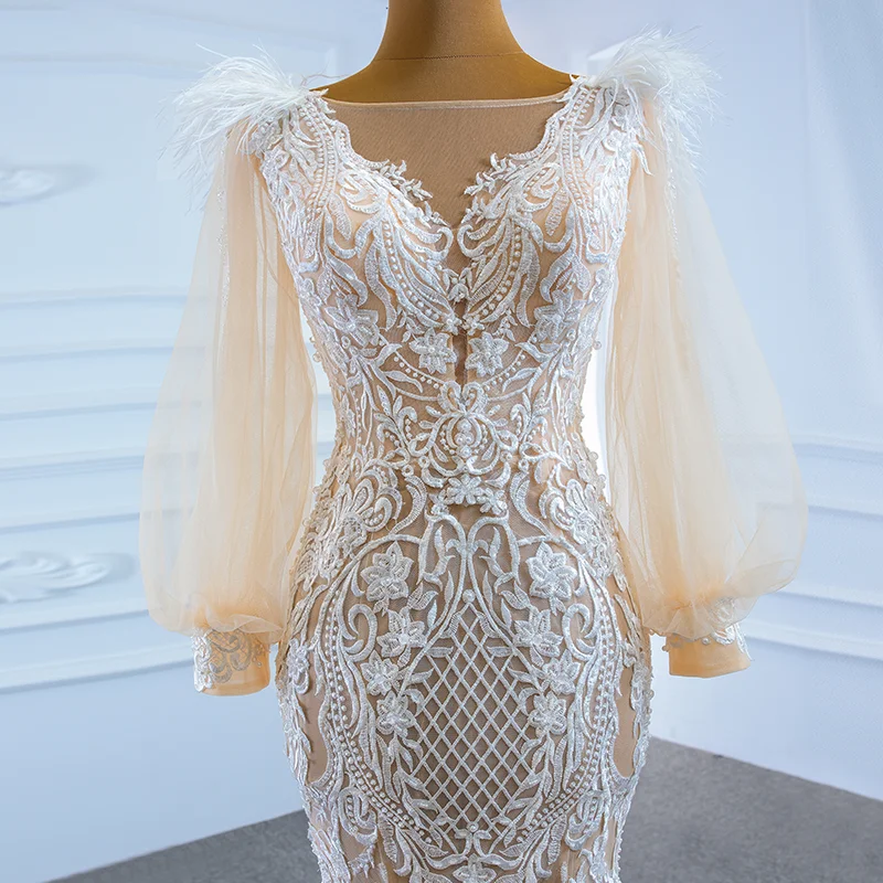 J67209 Jancember New Mermaid Wedding Dress 2020 Custom Design Dress Pearls V-Neck Long Lantern Sleeve Applique