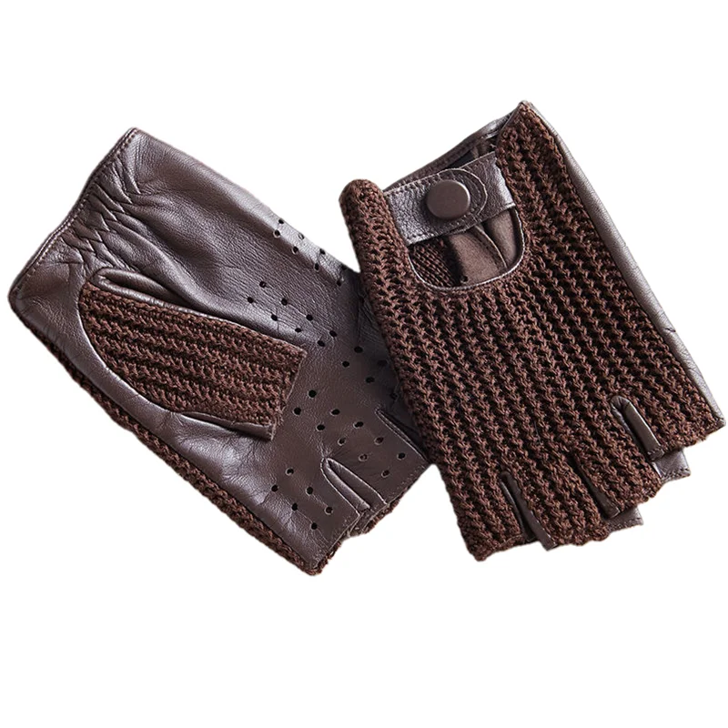 Новейшие мужские перчатки из овчины с полупальцами вязаные + кожаные для
