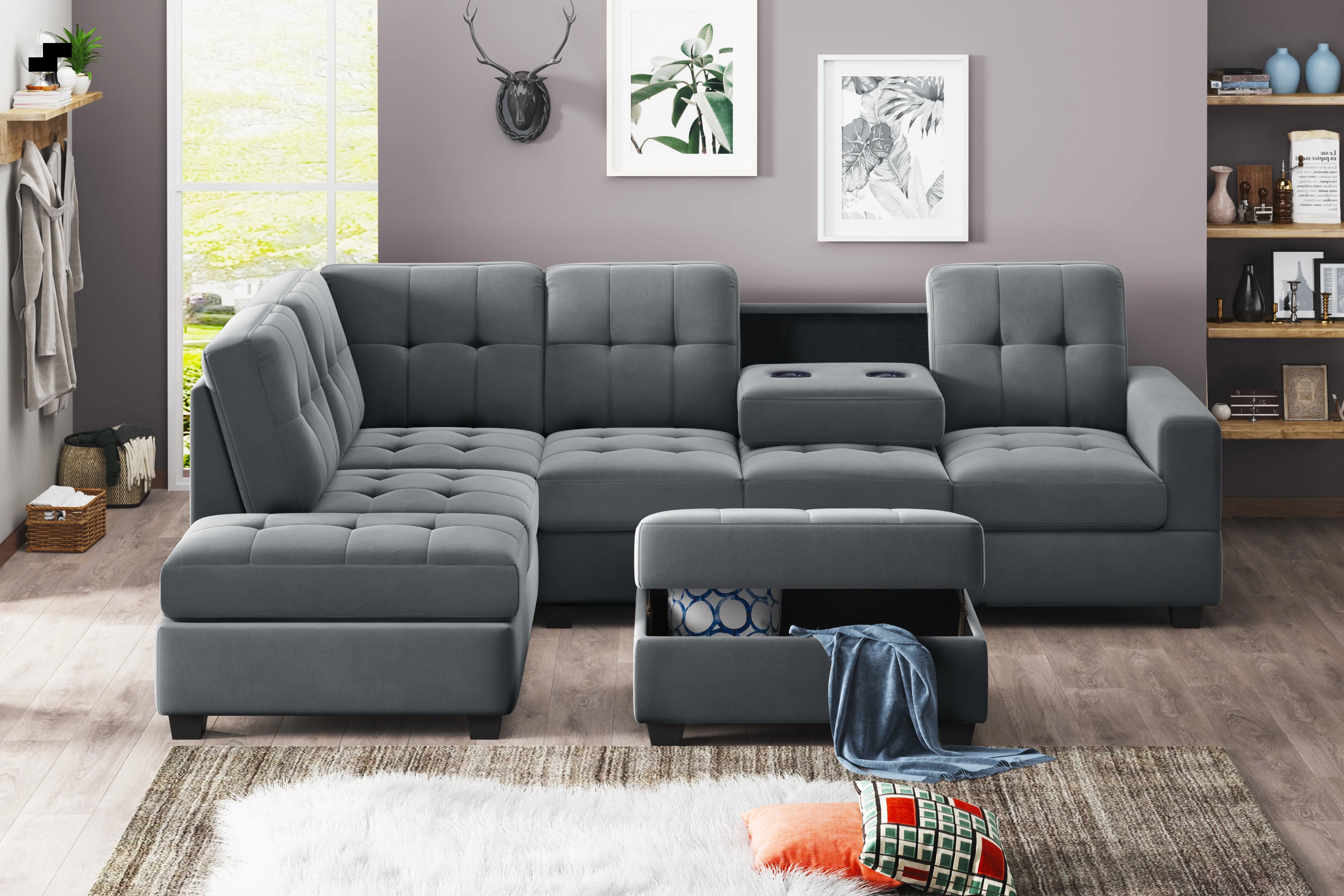 

Sectional Sofa Set For Living Room Chaise Lounge Storage Ottoman Sofa Set Home Furniture