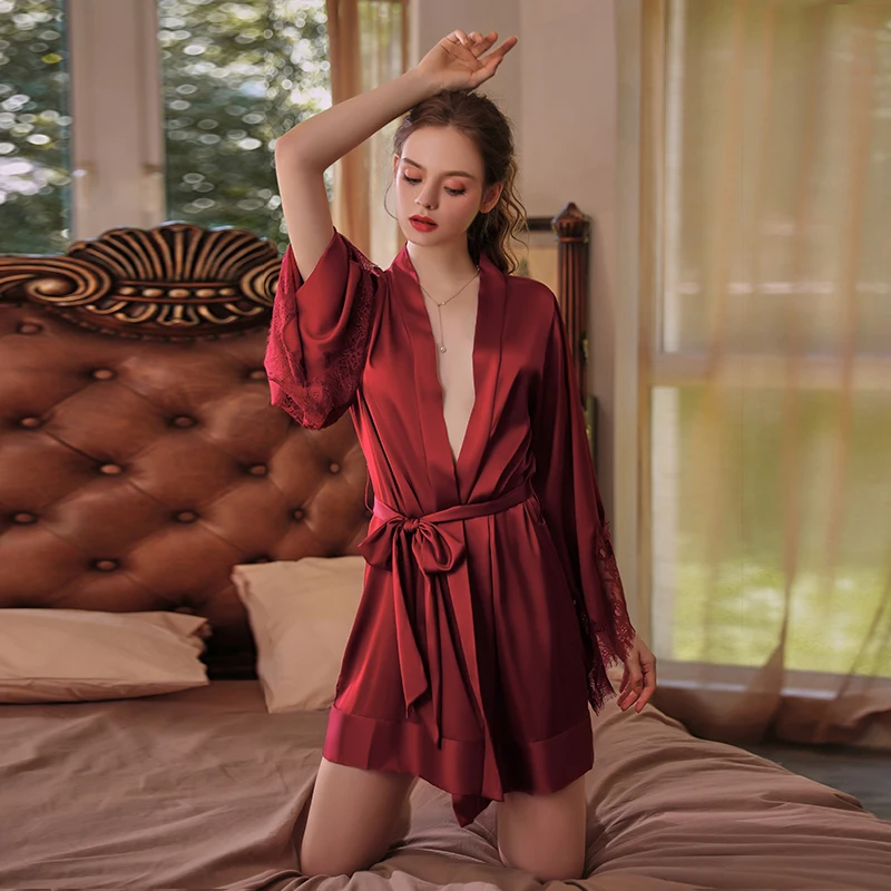 

Beauty Satin Cuff Stitching Lace Robe And Bathrobe Home Service Women's Pajamas Sexy Sleepwear Nightgown Exotic Clothing Suit