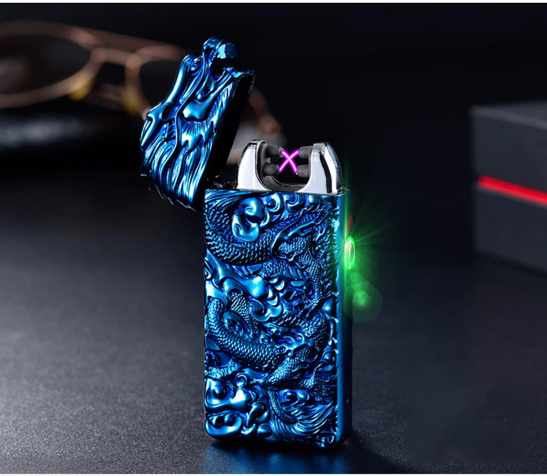 

Dragon Pattern Double Arc USB Lighter Plasma Windproof Electric Lighter Punk Style Metal Flameless Cigarette Lighter