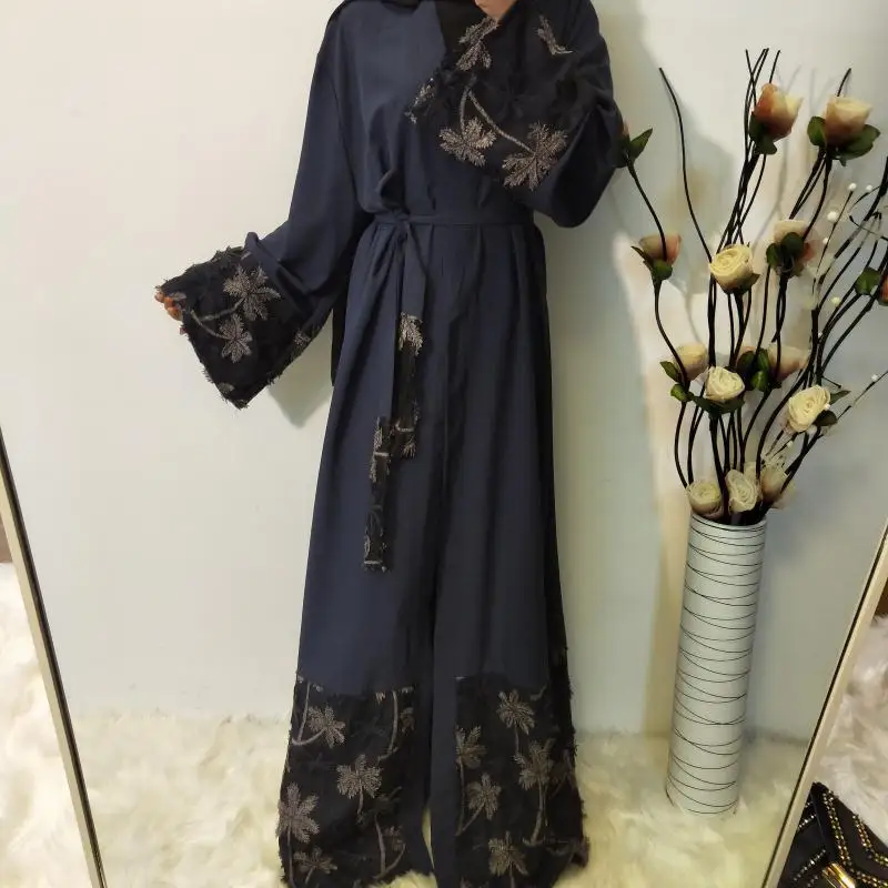 Women's Fashion Loose Muslim National Style Robe Mesh Stitching Embroidery Cardigan Blue | Тематическая одежда и