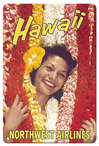 

Hawaii - Northwest Airlines - Flower Leis - Hawaiian c.1960 Metal Tin Sign