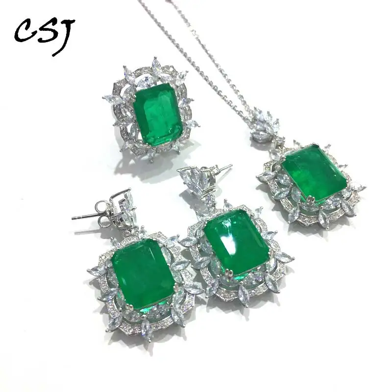 

CSJ Luxury Created Emerald Jewelry Sets 925 Sterling Silver Big Stone Fine Jewelry Women Femm Lady Wedding Engagment Party