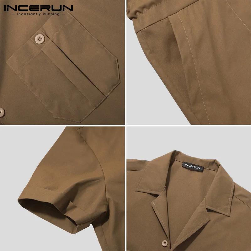 

INCERUN Men Rompers Streetwear Solid Color Pockets Lapel Short Sleeve 2021 Mens Cargo Overalls Fashion Shorts Casual Jumpsuits