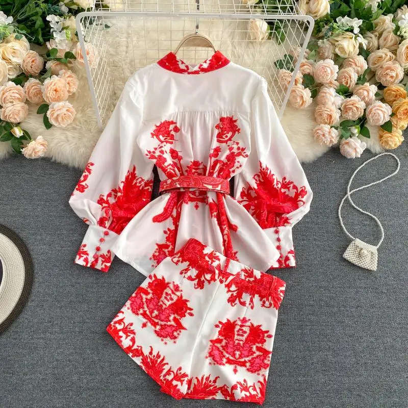 DEAT 2021 Autumn Women New Style Stand Collar Puff Long Sleeve Print Pattern Shirt Wide Leg Shorts Vintage Two Pice Set RD548 |