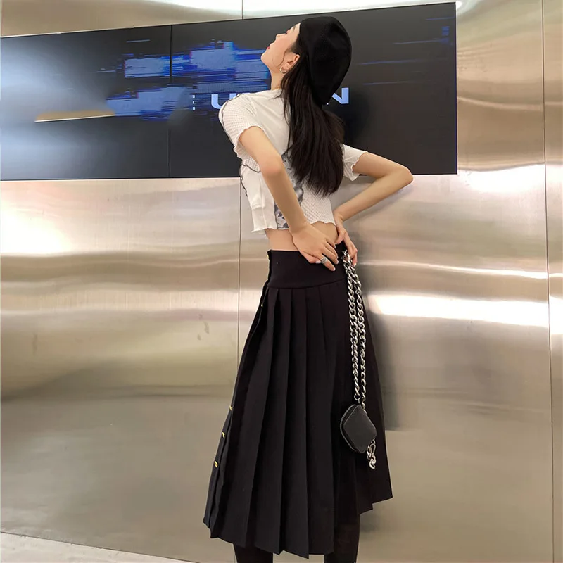 

Black Big Size Single-breasted High-waist Pleated Side Waist Zipper Skirt Women Fashion Tide New Summer 2021 C872
