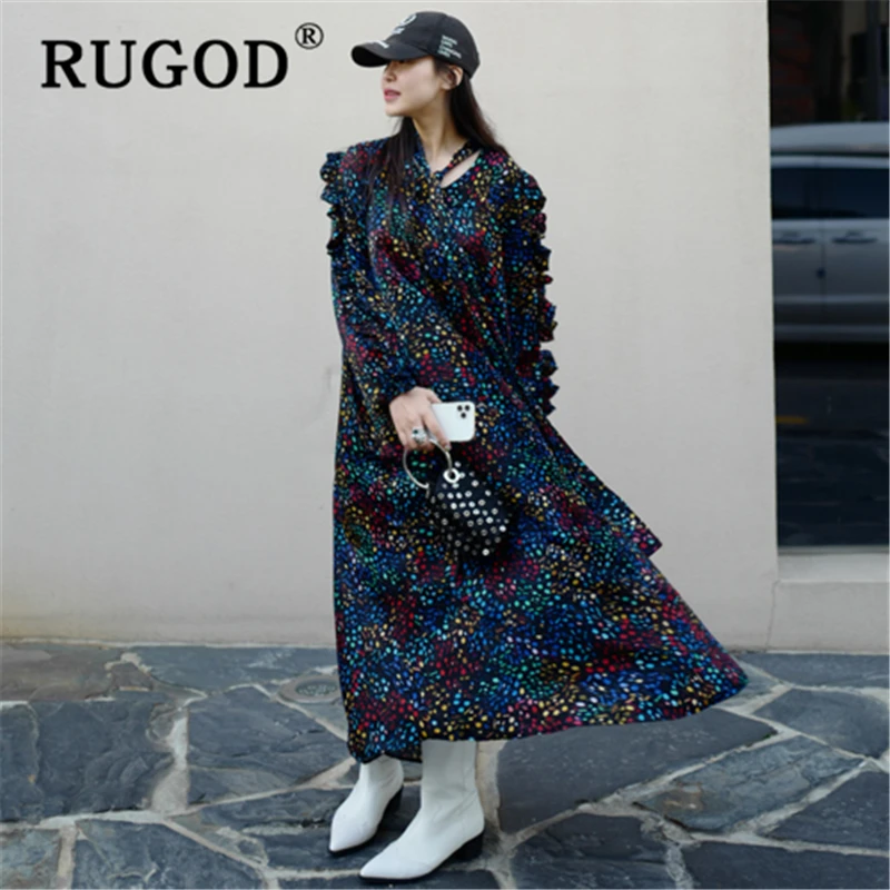 Женское платье с принтом RUGOD свободное макси длинным рукавом и шарфом новинка 2020 |