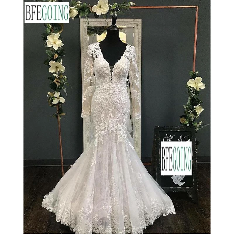 

Luxurious Lace Tulle V-Neck Long Sleeves Mermaid/Trumpet Wedding Gowns Chapel Train Custom Made Bridal Dresses