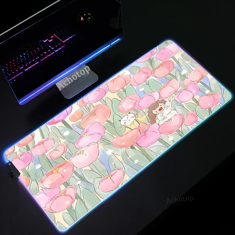 

Kawaii RGB Mouse Pad PC Gamer Completo Laptop Cute Mouse Mats 900x400 Large Mousepads LED Light Gaming Keyboards Office Desk Mat
