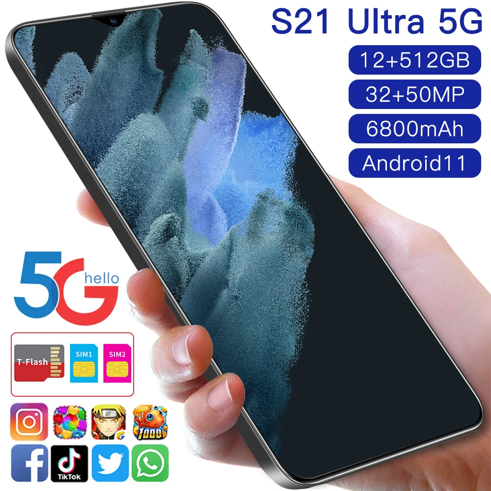 

2021 New Arrival S21 Ultra 6.7 Inch 10 Core Smartphone 1440*3200 12GB+512GB 32MP+50MP 6800Amh Andriod 11 Cell Phone