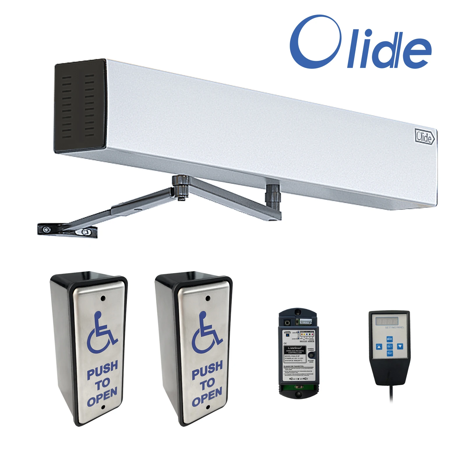 Olide Handicap Door Operator with Slim Wireless  Stainless Steel Push Plate Swithes