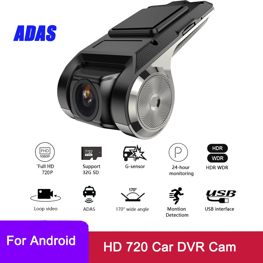 

Автомобильный видеорегистратор, Автомобильный видеорегистратор, USB 720P HD ADAS G-сенсор, видеорегистратор со скрытым типом для Android, мультимедий...